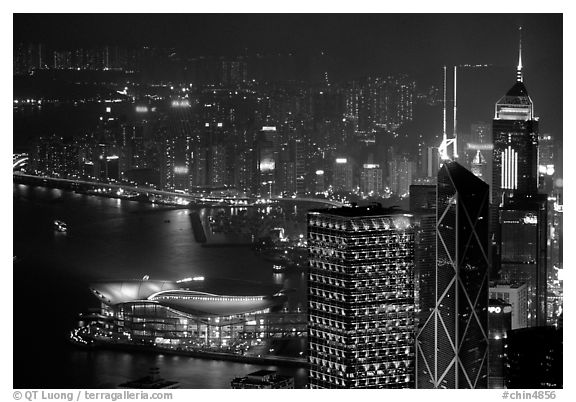 High-rise lights from Victoria Peak at night. Hong-Kong, China (black and white)