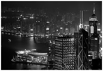 High-rise lights from Victoria Peak at night. Hong-Kong, China (black and white)