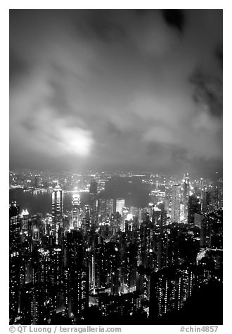 Highrise Hong-Kong lights from Victoria Peak at night. Hong-Kong, China (black and white)