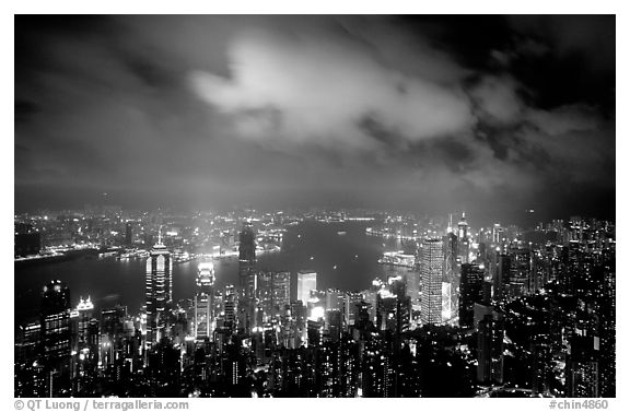 Skycrapers from Victoria Peak at night. Hong-Kong, China (black and white)