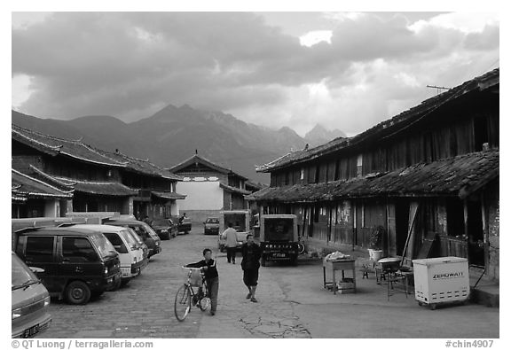 Main village plaza. Baisha, Yunnan, China (black and white)