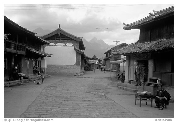 Main village plaza. Baisha, Yunnan, China (black and white)