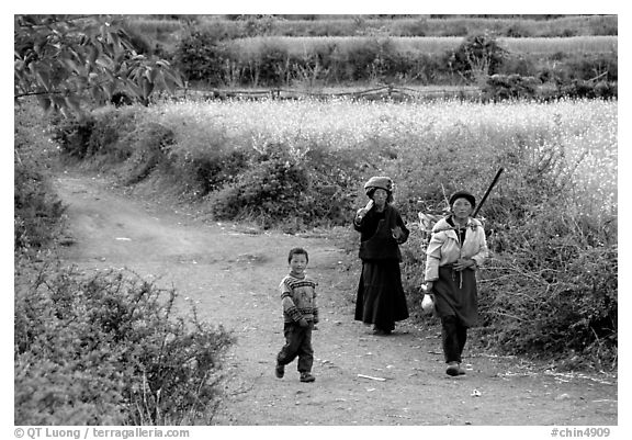 Women returning from the fields. Baisha, Yunnan, China (black and white)