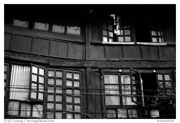 Detail of old wooden house. Kunming, Yunnan, China (black and white)