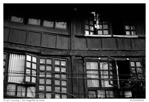Detail of old wooden house. Kunming, Yunnan, China (black and white)