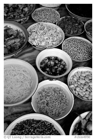 food ingredients in bowls.  (black and white)