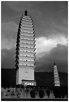 Quianxun Pagoda, the tallest of the Three Pagodas has 16 tiers reaching a height of 70m. Dali, Yunnan, China (black and white)