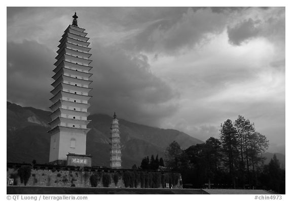 Quianxun Pagoda, the tallest of the Three Pagodas. Dali, Yunnan, China (black and white)