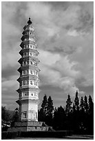 One of the two 10-tiered pagodas flanking Quianxun Pagoda. Dali, Yunnan, China (black and white)