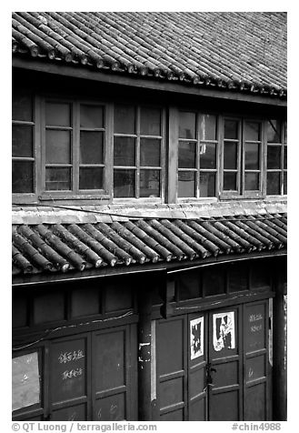 Detail of wooden house. Dali, Yunnan, China (black and white)