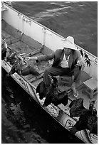 Fisherman talks to his cormorant fishing birds. Dali, Yunnan, China (black and white)