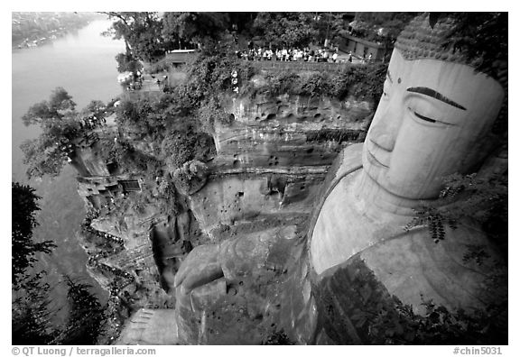 Da Fo (Grand Buddha) with staircase in cliffside and river in the background. Leshan, Sichuan, China (black and white)