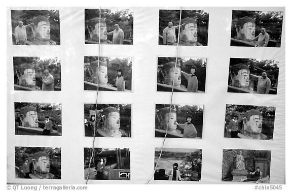 Pictures of Chinese tourists having fun with the Grand Buddha. Leshan, Sichuan, China (black and white)