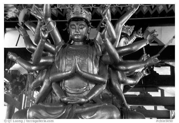 Statue of Avalokiteshvara, the Bodhisattva of Mercy inside Luohan Hall. Leshan, Sichuan, China (black and white)