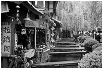 Bridges leading to restaurants and residences across the canal. Lijiang, Yunnan, China (black and white)