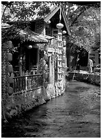 Houses along a canal. Lijiang, Yunnan, China (black and white)