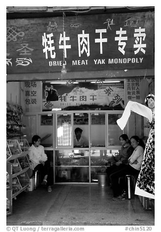 Store selling Yak meat. Lijiang, Yunnan, China (black and white)