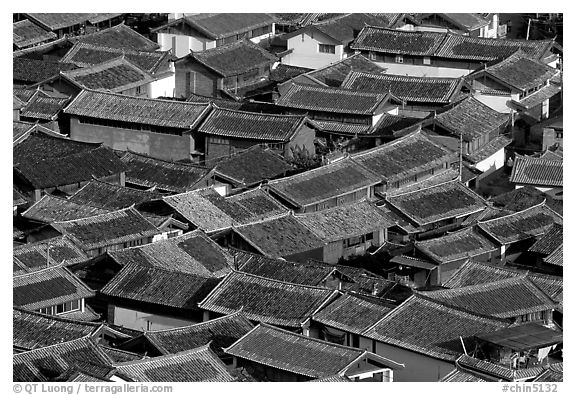 Old town Rooftops seen from Wangu tower. Lijiang, Yunnan, China (black and white)