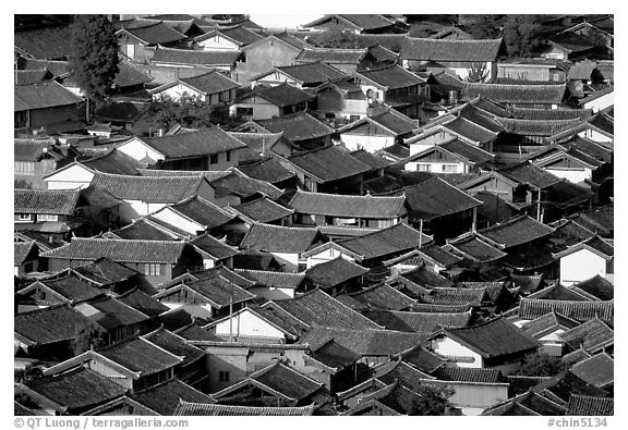 Old town Rooftops seen from Wangu tower. Lijiang, Yunnan, China (black and white)