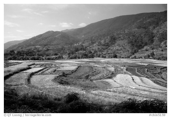 Fields on the road between Lijiang and Panzhihua.  (black and white)