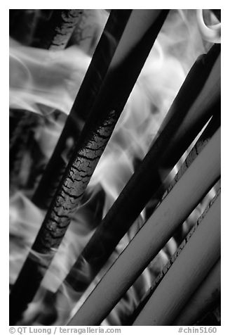 Incense batons being burned. Emei Shan, Sichuan, China (black and white)