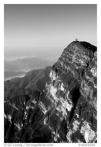 Wanfo Ding  temple perched on a precipituous cliff. Emei Shan, Sichuan, China (black and white)