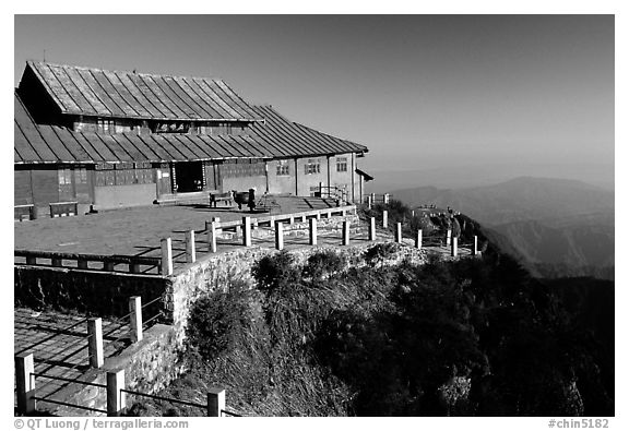 Jinding Si temple in the morning. Emei Shan, Sichuan, China (black and white)