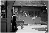 Monk in Jinding Si temple. Emei Shan, Sichuan, China (black and white)