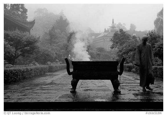 Monk in Wannian Si. Emei Shan, Sichuan, China (black and white)