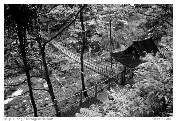 Suspension bridge between Qingyin and Hongchunping. Emei Shan, Sichuan, China (black and white)