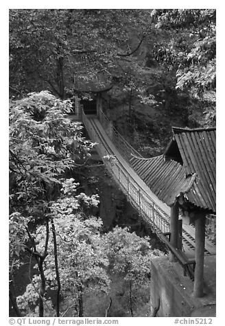 Suspension bridge between Qingyin and Hongchunping. Emei Shan, Sichuan, China (black and white)