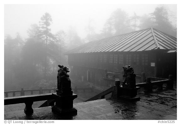 Xiangfeng temple in mist. Emei Shan, Sichuan, China (black and white)