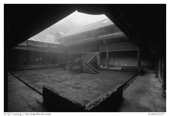 Courtyard inside  Xiangfeng temple. Emei Shan, Sichuan, China (black and white)