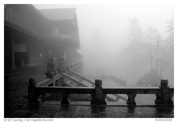 Xiangfeng temple in fog. Emei Shan, Sichuan, China (black and white)