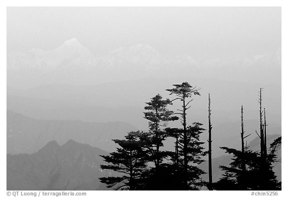 Daxue Shan range seen in the distance. Emei Shan, Sichuan, China (black and white)