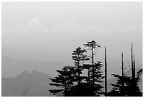 Daxue Shan range seen in the distance. Emei Shan, Sichuan, China (black and white)