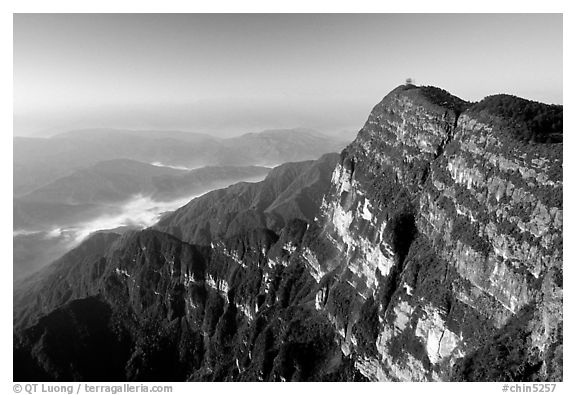 Wanfo Ding temple perched on a precipituous cliff. Emei Shan, Sichuan, China (black and white)