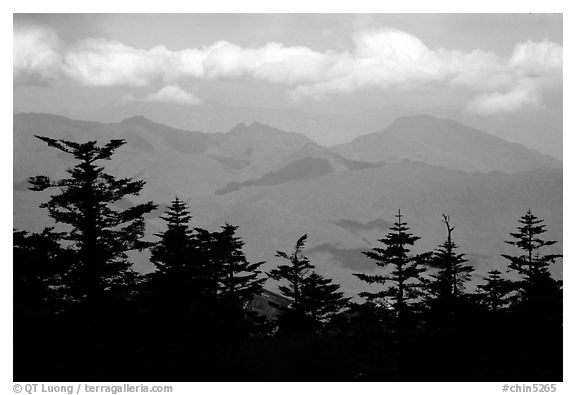 Distant mountains, seen from Jinding Si, morning. Emei Shan, Sichuan, China (black and white)