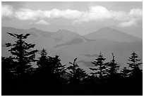 Distant mountains, seen from Jinding Si, morning. Emei Shan, Sichuan, China (black and white)