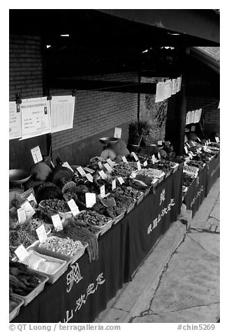 Fungus for sale at a stand near Jieyin Palace. Emei Shan, Sichuan, China (black and white)