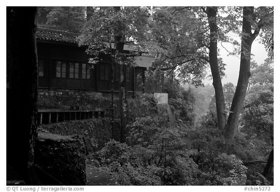 Hongchunping temple, nested in a forested hillside. Emei Shan, Sichuan, China (black and white)
