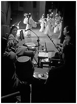 Sichuan opera performers and musicians seen from the backstage. Chengdu, Sichuan, China (black and white)