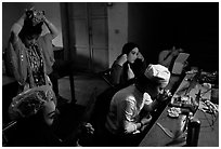 Sichuan opera actors getting ready in the backstage before the performance. Chengdu, Sichuan, China ( black and white)