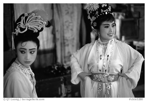 Two characters of Sichua opera off stage. Chengdu, Sichuan, China (black and white)