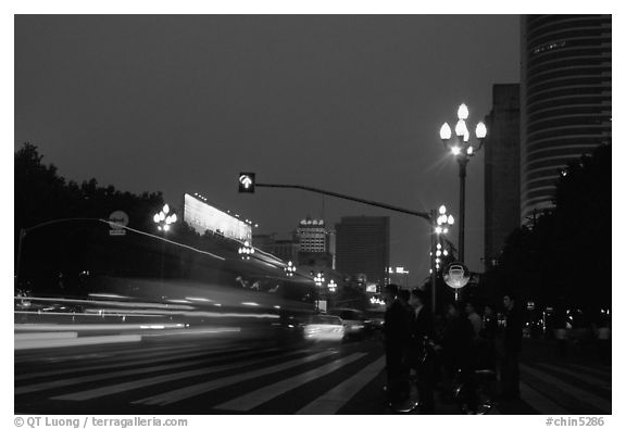 Lights of the trafic in a large avenue. Chengdu, Sichuan, China