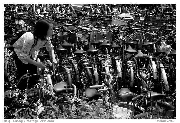 Retriving a bike in the bicycle parking lot. Chengdu, Sichuan, China (black and white)