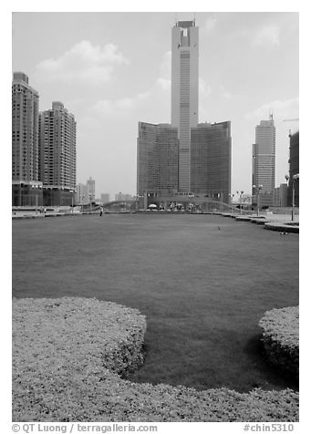 Landscaped plaza and highrises near the East train station. Guangzhou, Guangdong, China