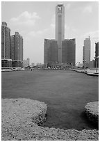 Landscaped plaza and highrises near the East train station. Guangzhou, Guangdong, China (black and white)