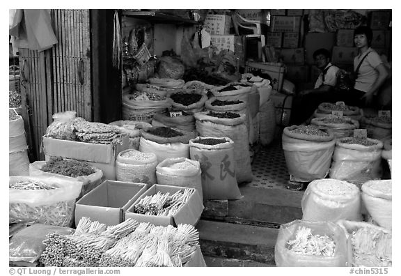 Dried foods for sale in the extended Qingping market. Guangzhou, Guangdong, China (black and white)