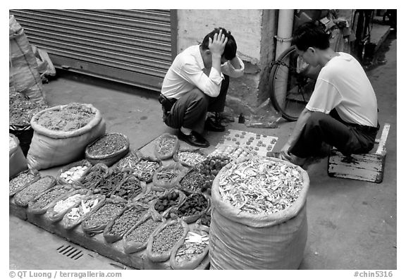 Playing Chinese chess while waiting for clients. Guangzhou, Guangdong, China (black and white)